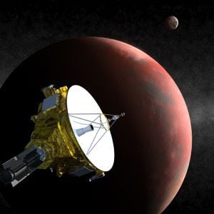 Ilustração da nave espacial `New Horizons´ passando por Plutão.