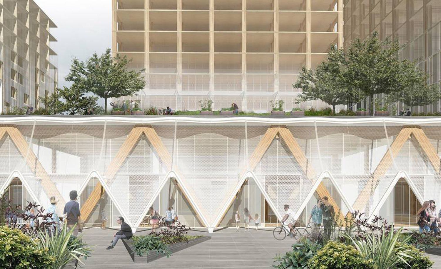 Recriação digital de uma das áreas de Quayside coberta com o sistema Raincoat, que no verão pode ser aberto para se tornar mais poroso e favorecer a ventilação. |