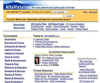 Antes do Google existia o Altavista. Captura de tela de janeiro de 1999, extraída do site arquive.org