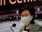 Hong Kong Chief Executive Carrie Lam listens to reporters' questions during a press conference in Hong Kong, Friday, Aug. 7, 2020. The semi-autonomous city of Hong Kong reports 95 new cases and three additional fatalities reported. The city of 7.5 million people has restricted indoor dining and require faces masks to be worn in all public places. (AP Photo/Vincent Yu)