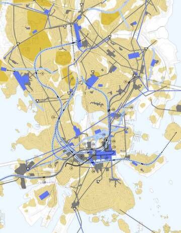 Mapa do plano urbano de Helsinque. Azul claro: túneis; azul escuro: infraestruturas estratégicas; amarelo: tipo de rocha; cinza: já finalizado. 70% são construções do Governo e são secretas.