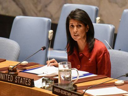 A embaixadora Nikki Haley durante reunião no Conselho de Segurança da ONU em 7 de abril, em Nova York.