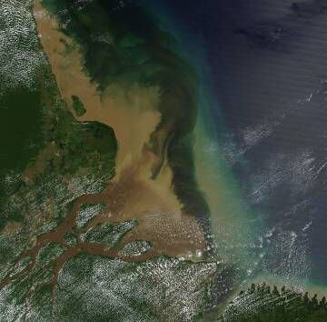 A enorme quantidade de sedimentos que o rio Amazonas descarrega no Atlântico, vista por satélite.