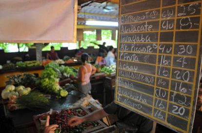 Uma tabela de preços em um mercado de Havana.