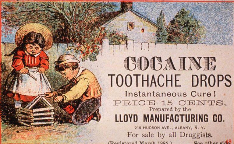 Cocaína, remédio para a dor de dente, num anúncio dos EUA de 1890.