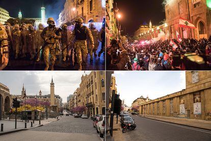 Imagens dos manifestantes em Beirute, em dezembro, e logo abaixo, o mesmo lugar em 26 de março.
