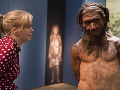 Funcionária do Museu de História Natural de Londres olha para um modelo de homem neandertal, em uma imagem de arquivo.