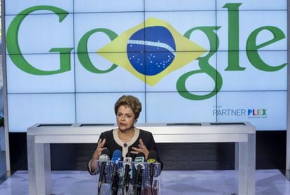 Dilma Rousseff discursa na sede do Google, em S&atilde;o Francisco, no &uacute;ltimo dia da viagem aos Estados Unidos.