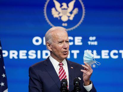 O presidente eleito, Joe Biden, durante um pronunciamento nesta segunda-feira, em Wilmington, Delaware.