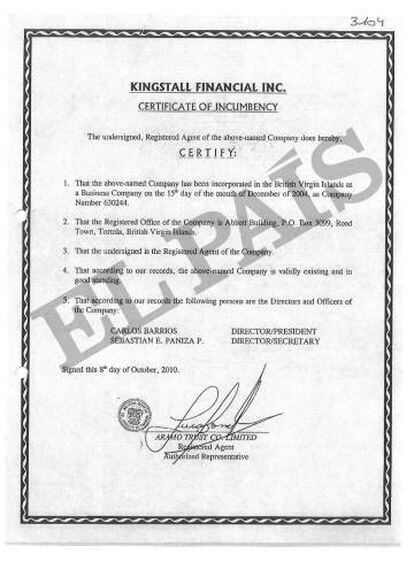 Certificado nas Ilhas Virgens da sociedade Kingstall Financial Inc.