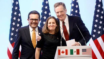 Os negociadores-chefes dos três países, Chrystia Freeland (Canadá), Robert Lighthizer (EUA) e Ildefonso Guajardo (México), em março passado.
