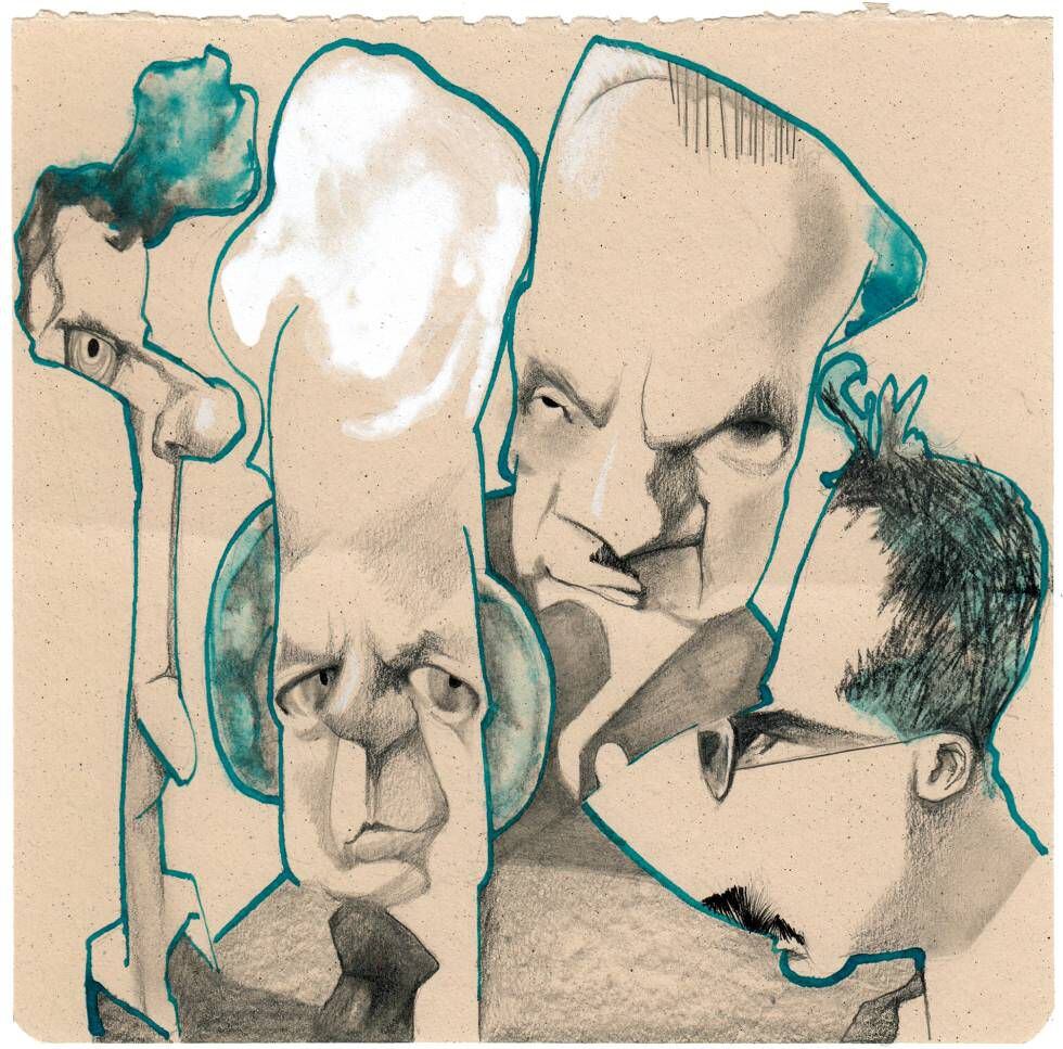 A partir da esquerda, Wittgenstein, Cassirer, Heidegger e Benjamin, vistos por Sciammarella.