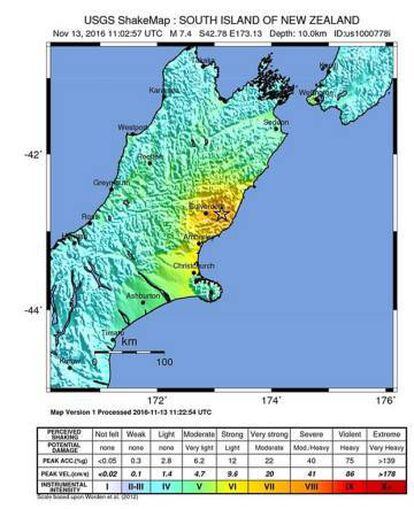 Mapa da zona afetada pelo terremoto distribuído pelo Serviço geológico dos Estados Unidos.