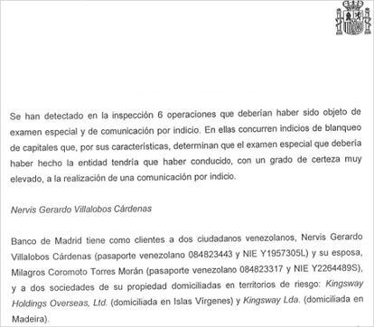 Trecho do relatório do Sepblac sobre o Banco Madrid.