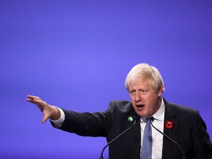 O primeiro-ministro Boris Johnson durante um ato na COP26 de Glasgow.
