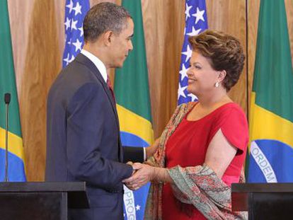 Obama e Dilma durante encontro em Bras&iacute;lia, em 2011. 