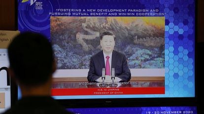 O presidente chinês Xi Jinping fala durante a cúpula virtual da APEC, o foro de cooperação econômica Ásia-Pacífico.