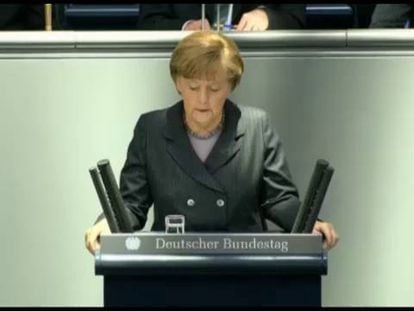 Angela Merkel nesta quinta-feira durante sua declaração no Parlamento alemão.