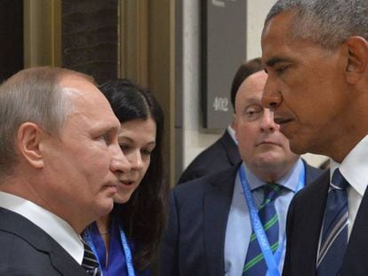Vladimir Putin e Barack Obama durante o encontro dos l&iacute;deres do G20 em 5 de setembro de 2016: aumenta a tens&atilde;o entre os pa&iacute;ses.