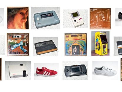 Conjunto de objetos retrô: Tênis e chapéu da Adidas Originals, linha que recupera os modelos vintage da marca; consoles como o Atari Lynx e o Game Boy original, que fazem parte da coleção de Eduardo Álvarez; máquina de Pac-Man do salão de jogos Arcade Planet, e vinis do colecionador Andreti Colombo