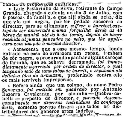 Trecho de relatório lido por Diogo Velho no Senado em 1879 que denuncia violências cometidas na Colônia Sinimbu, no Rio Grande do Norte