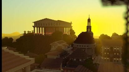 Cidade romana recriada com o videogame Minecraft.