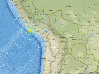 Localização do terremoto sentido no Peru nesta madrugada, segundo o Instituto de Estudos Geológicos dos Estados Unidos.
