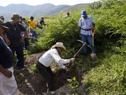 Um grupo busca vestígios dos estudantes desaparecidos em Iguala, em outubro de 2014.