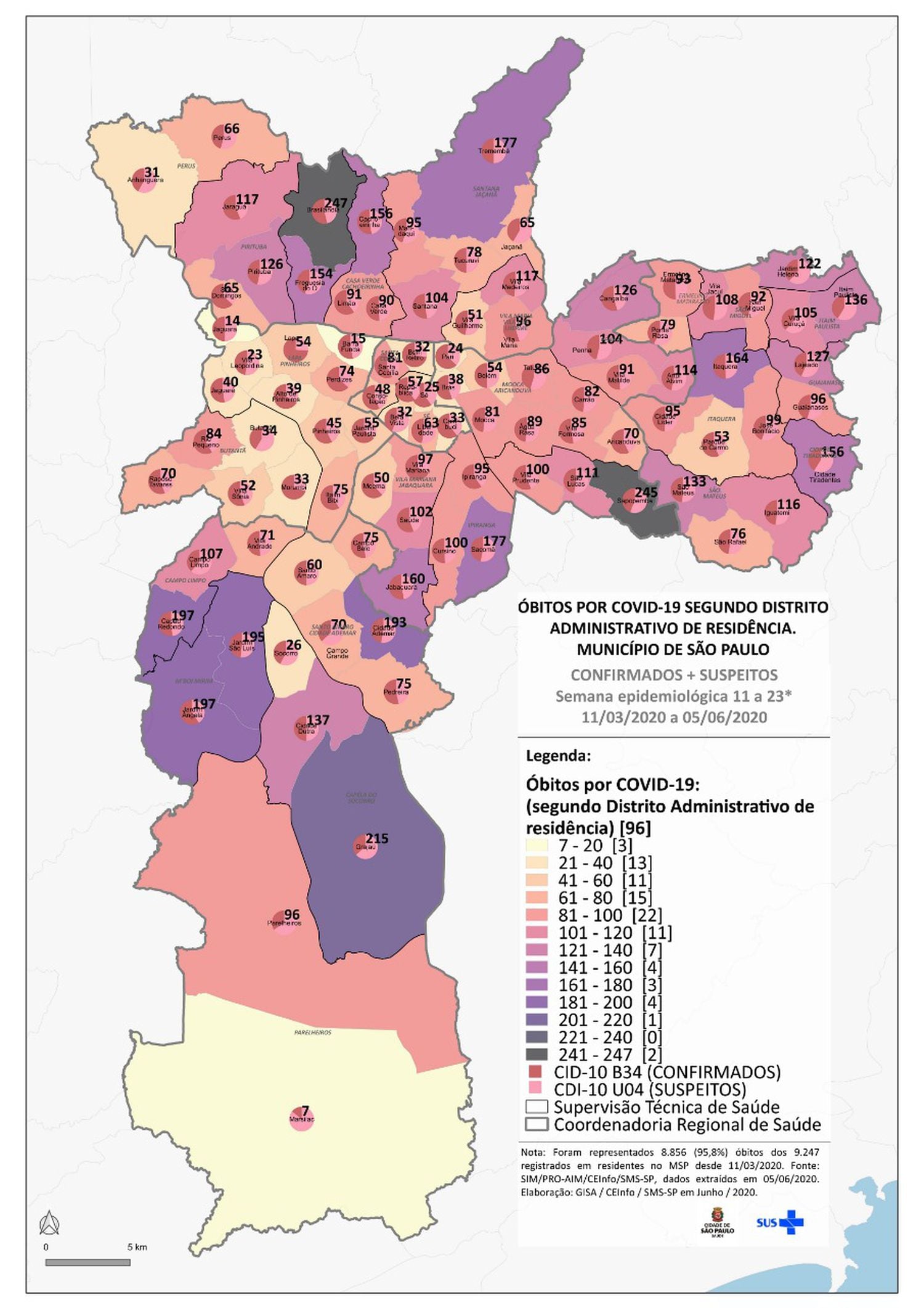 Esse é o mapa de mortes confirmadas e suspeitas de covid-19 em São Paulo por distrito.