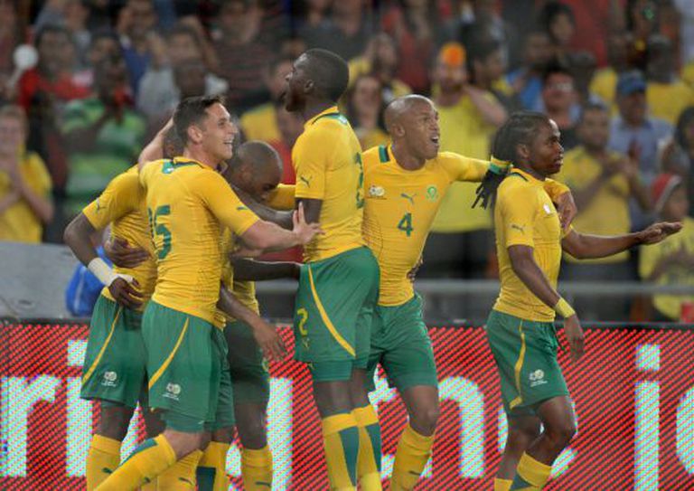 Os jogadores da África do Sul comemoram o gol.