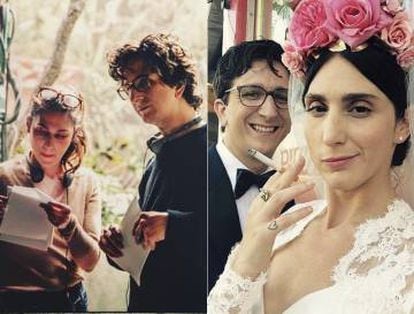 Arfin está casada con Paul Rust, protagonista e também roteirista da série. À esquerda, em um momento da filmagem. À direita: o dia do casamento (entre os convidados: Chan Marshall (Cat Power), Tavi Gevinson, Lena Dunham, etc.)