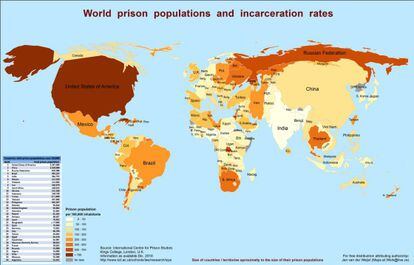 Mapa-múndi com os tamanhos dos países ajustados segundo sua população carcerária.