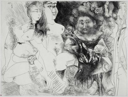 'La Patronne faiseuse d’anges, avec trois filles. Degas aux mains dans le dos Mougins', obra da fase final, a mais erótica, de Picasso.