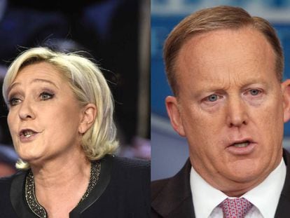 Na imagem, a francesa Marine Le Pen e o norte-americano Sean Spicer.