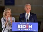PHILADELPHIA, PA - MARCH 10: Democratic Presidential candidate former Vice President Joe Biden addresses the media and a small group of supporters with his wife Dr. Jill Biden during a primary night event on March 10, 2020 in Philadelphia, Pennsylvania. Six states - Idaho, Michigan, Mississippi, Missouri, Washington, and North Dakota held nominating contests today.   Mark Makela/Getty Images/AFP
== FOR NEWSPAPERS, INTERNET, TELCOS & TELEVISION USE ONLY ==