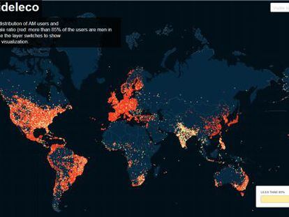 Mapa interactivo que mostra os usuários de Ashley Madison por cidades.