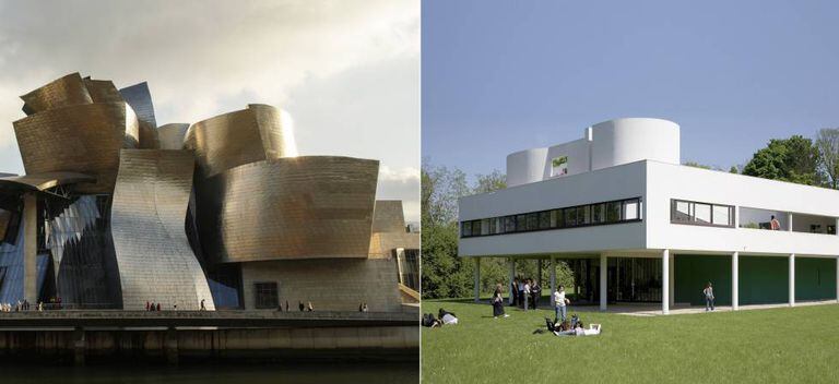 À esquerda, o Museu Guggenheim de Bilbao, de Frank Gehry. À direita, a Villa Savoye, desenhada por Le Corbusier nos arredores de Paris.