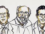 James Peebles, Michel Mayor y Didier Queloz, premios Noble de Física, en un dibujo distribuido por la Fundación Nobel.
 