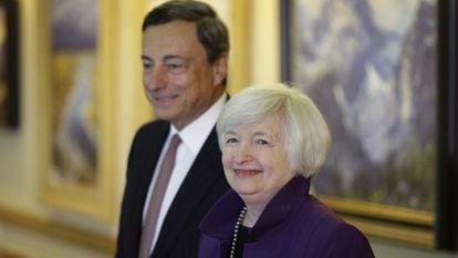 Mario Draghi, presidente do BCE, e Janet Yellen, presidenta do Banco Central dos EUA.