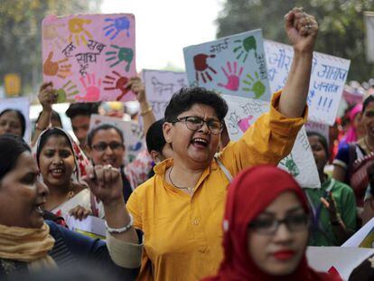 Mulheres indianas manifestam em um protesto pelo Dia Internacional da Mulher, em Nova Deli.