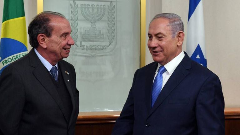 O primeiro-ministro de Israel, Benjamin Netanjahyu (à direita), e Aloysio Nunes, nesta terça-feira, 27 de fevereiro