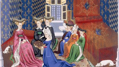 Grupo de mulheres em uma ilustração medieval.