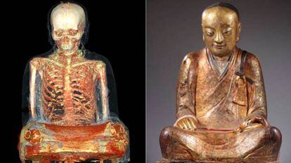 À esquerda, tomografia da escultura do Buda com a múmia dentro. À direita, a imagem externa da figura