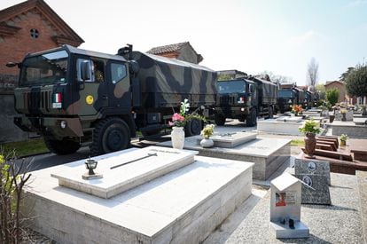 Comboios do exército italiano de Bergamo transportam os corpos dos mortos devido ao coronavírus ao cemitério de Ferrara.