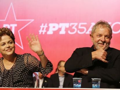 Dilma e Lula no evento de anivers&aacute;rio de 35 anos do PT.
