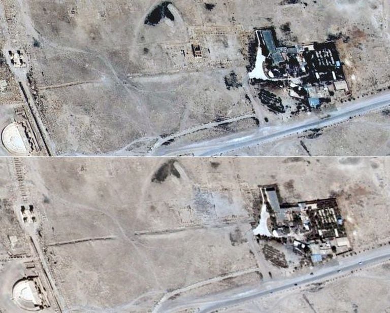 Acima, uma imagem de Palmira de 16 de junho. Abaixo, a mesma tomada, em 27 de agosto. (Imagens analisadas pelo UNITAR/UNOSAT