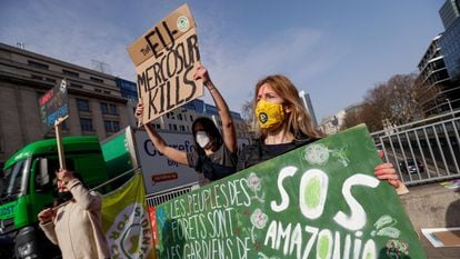 Manifestação ambientalista contra o tratado entre a União Europeia e o Mercosul, no último dia 3, em Bruxelas.