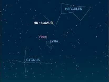 Localização no céu da estrela HD 162826, irmã do Sol.