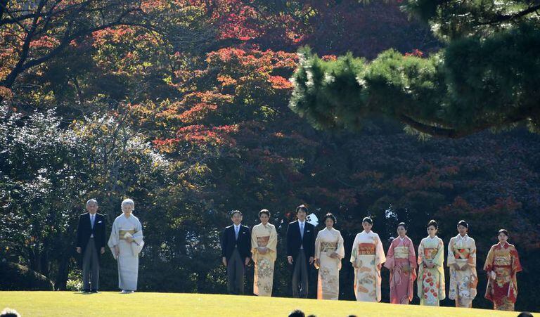 O imperador Akihito com a imperatriz Michiko, o príncipe herdeiro Naruhito e sua esposa Masako, o príncipe Akishino e as princesas Kiko, Mako, Akiko, Yoko, Tsuguko e Ayako, em novembro de 2009