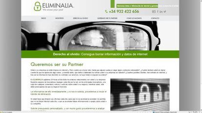A página do Eliminalia, uma das empresas que se dedicam a apagar informação da rede.